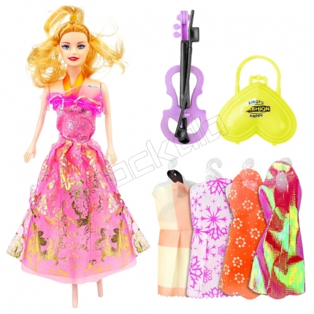 عروسک ست باربی با ست لباس و کیف و ویولن باربی صورتی Beauty Model Barbie No.5588