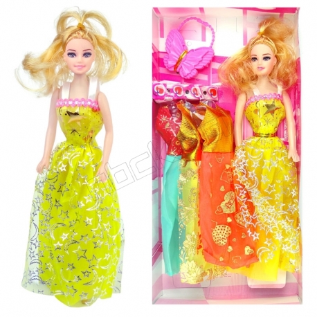 عروسک ست باربی با ست لباس و کیف پروانه ای باربی زرد Pretty Barbie No.6603