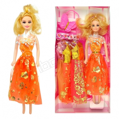 عروسک ست باربی با ست لباس و کیف پروانه ای باربی نارنجی Pretty Barbie No.6603