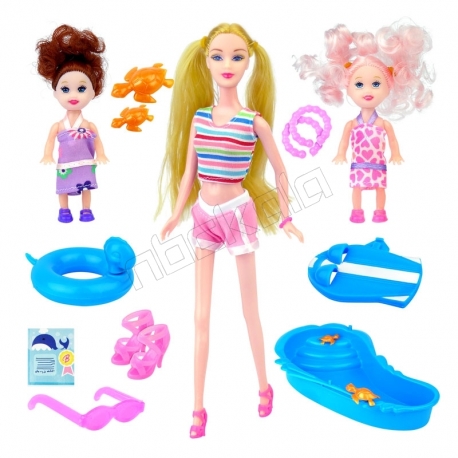 عروسک ست باربی مدل باربی با 2 کودک باربی و استخر باربی Bonnie Pink Summer Time Barbie 6177