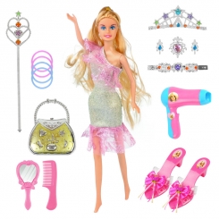 عروسک ست باربی 17 پارچه با تاج و عصا و صندل و جواهرات باربی طوسی Barbie No.888
