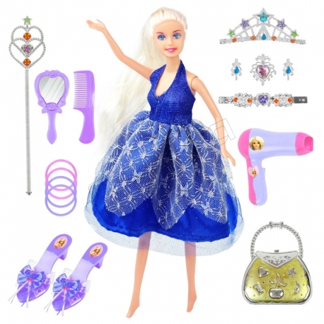 عروسک ست باربی 13 پارچه با تاج و عصا و صندل و جواهرات باربی آبی Barbie No.888