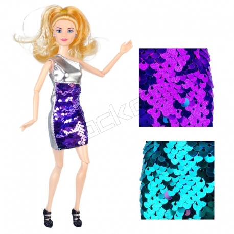 عروسک باربی تمام مفصلی مدل لباس بنفش آبی پولکی Barbie Shining Bright YB193-1