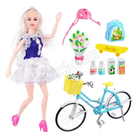 عروسک باربی مفصلی با دوچرخه و وسائل Barbie with Bicycle LE JIN TOYS No.289-3