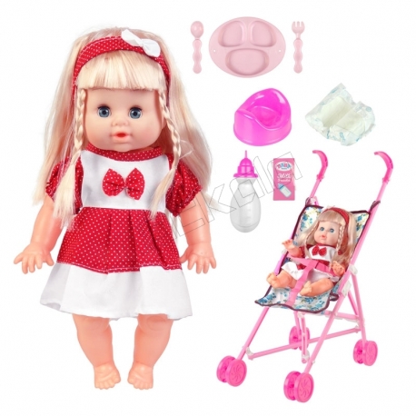 ست عروسک و کالسکه و لوازم عروسک دستشویی کن بی بی بورن لباس قرمز با دامن Baby Born Doll and Pushchair No.MV655