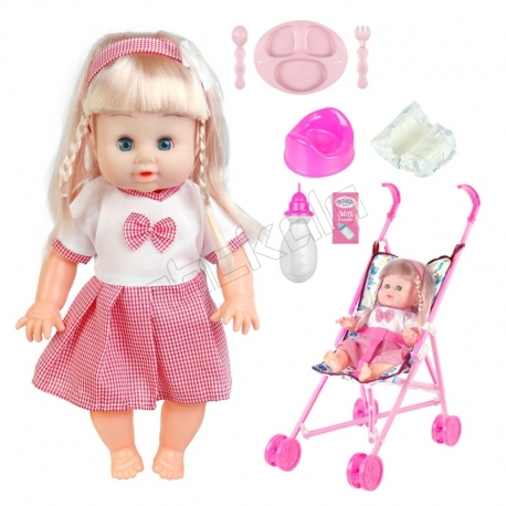 ست عروسک و کالسکه و لوازم عروسک دستشویی کن بیبی بورن مدل لباس با دامن Baby Born Doll and Pushchair No.MV655