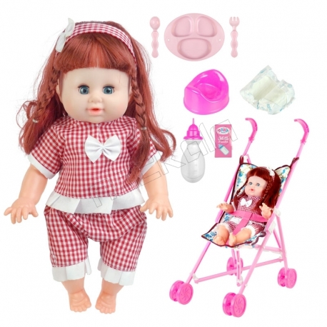ست عروسک و کالسکه و لوازم عروسک دستشویی کن بی بی بورن لباس قرمز با شلوار Baby Born Doll and Pushchair No.MV655