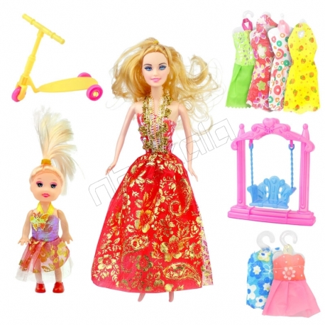 عروسک ست باربی با ست لباس و بچه و تاب و اسکوتر باربی قرمز ELEGANT Barbie No.053