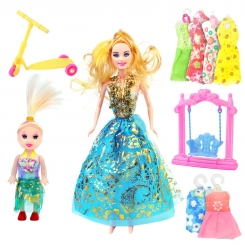 عروسک ست باربی با ست لباس و بچه و تاب و اسکوتر باربی آبی ELEGANT Barbie No.053