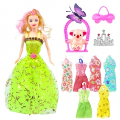 عروسک ست باربی با ست لباس و کوآلا و پروانه و کیف باربی سبز ELEGANT Barbie No.053