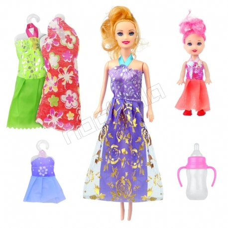 عروسک ست باربی با لباس و شیشه شیر و بچه باربی بنفش Briskness Girls Barbie No.2011A
