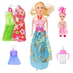 عروسک ست باربی با لباس و شیشه شیر و بچه باربی دامن آبی Briskness Girls Barbie No.2011A