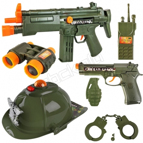 ست تفنگ و کلاه نیروی ویژه مجموعه 7 عددی رنگ سبز COMBAT FORCE