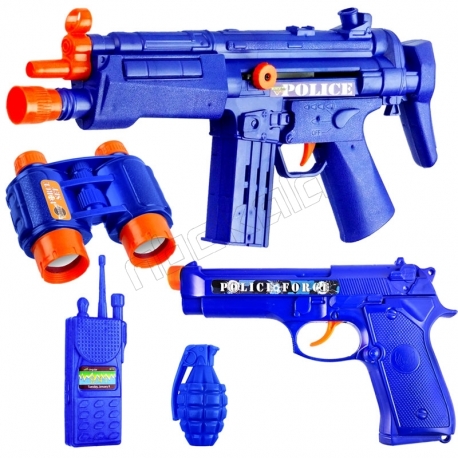 ست تفنگ و کلت پلیس با بیسیم و نارنجک و دوربین 33850 آبی Force Set Gun Toy MP5 & Beretta