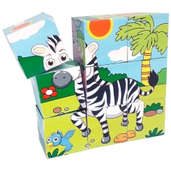 پازل شش وجهی مکعبی چوبی طرح حیوانات جنگلی و کرگدن صورتی خارجی 9 تکه qiaolinglong animal wooden puzzle