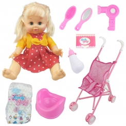ست هدیه عروسک موزیکال Lovely Baby مدل عروسک جیشی کالسکه دار کد APT180 ارتفاع 33 سانتی متر مجموعه 9 عددی