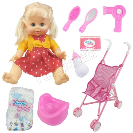 ست هدیه عروسک موزیکال Lovely Baby مدل عروسک جیشی کالسکه دار کد APT180 ارتفاع 33 سانتی متر مجموعه 9 عددی