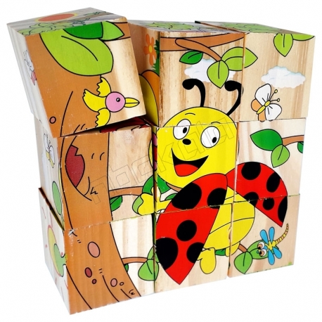 پازل شش وجهی مکعبی چوبی طرح حشرات و کفش دوزک 9 تکه qiaolinglong Insects wooden puzzle